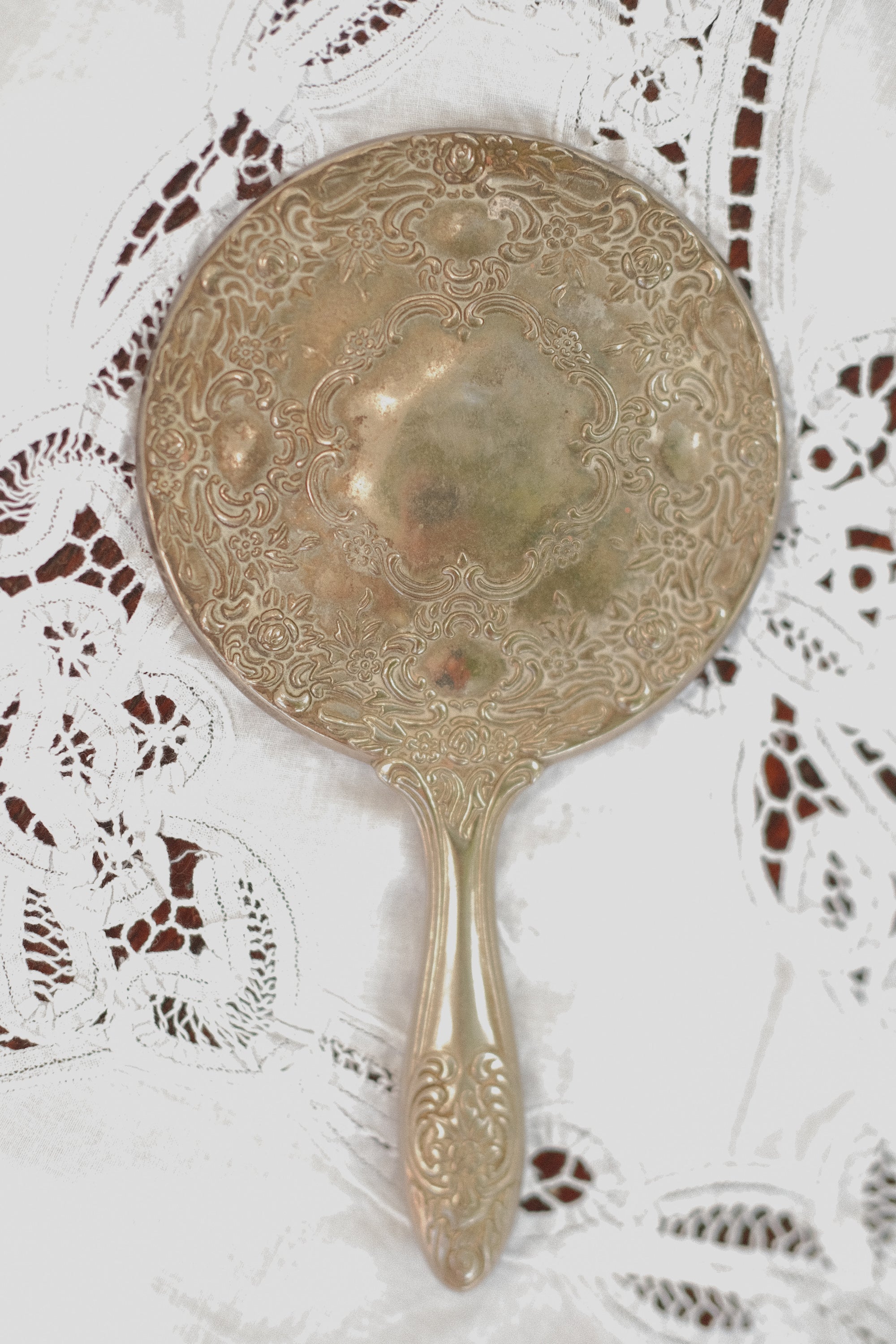 Ornate Silver Tone Vanity Hand Mirror