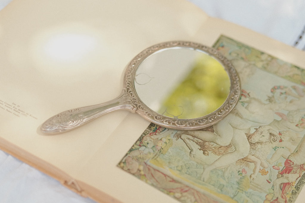 Ornate Silver Tone Vanity Hand Mirror