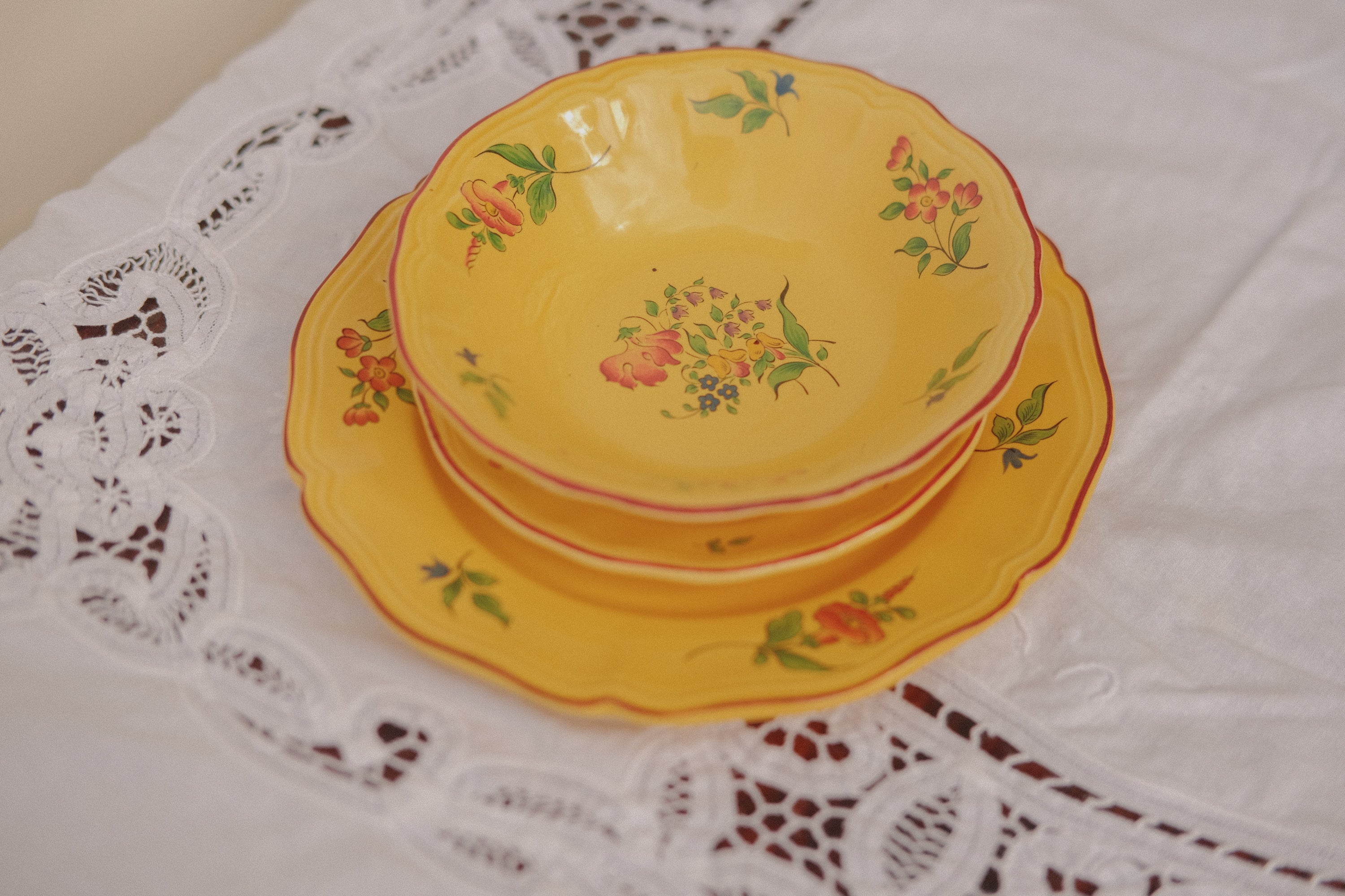 French Floral Ceramic Plate Set - 3 Piece