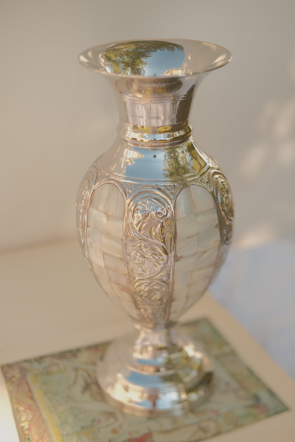 Mother of Pearl Inlaid Metal Vase