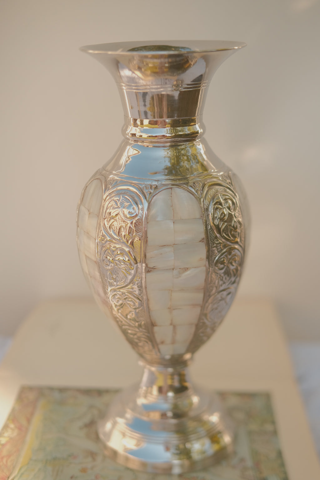 Mother of Pearl Inlaid Metal Vase