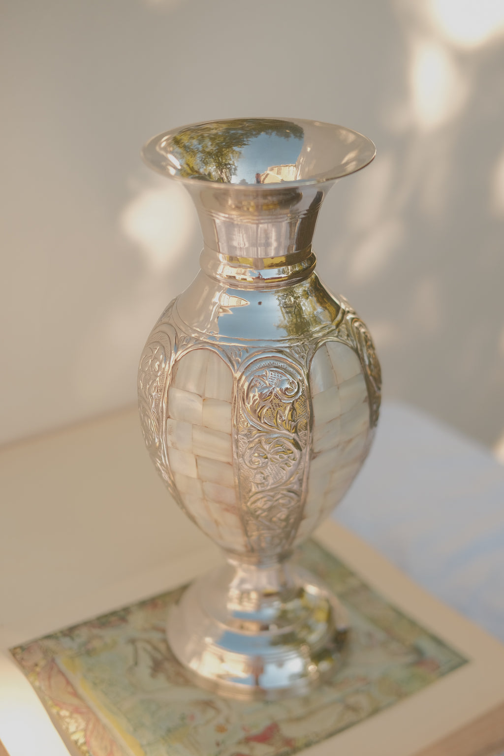 Mother of Pearl Inlaid Metal Vase